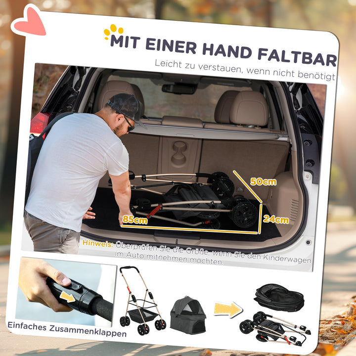 3-I-1 kæledyrsklapvogn, sammenklappelig hundevogn med 4 hjul og aftagelig transportør til hunde og katte, grå