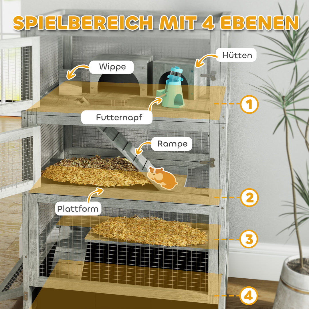 4-Etagers træhamsterbur med hytter, vippe, madskåle, ramper og hjul, 65 x 45 x 109 cm, grå