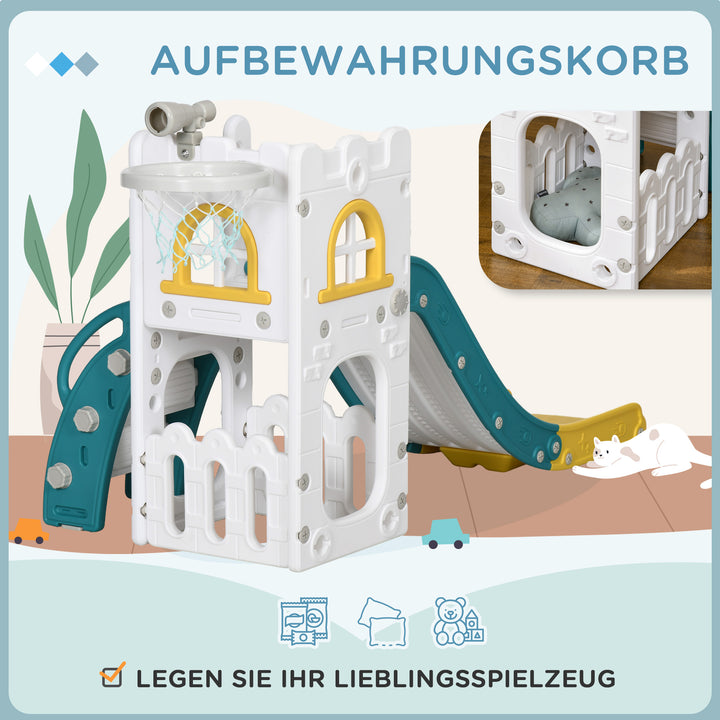 Børnerutsjebane, 4 i 1, småbørnsrutsjebane med basketballkurv, teleskopisk klatrestativ, gul, 70 x 177 x 92 cm