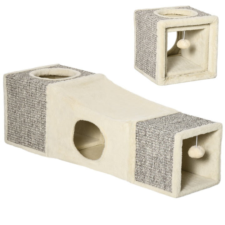 Kattetunnel, 2 kattehuler, kradseområder og boldlegetøj, 98 cm x 30 cm x 30 cm, brun + beige