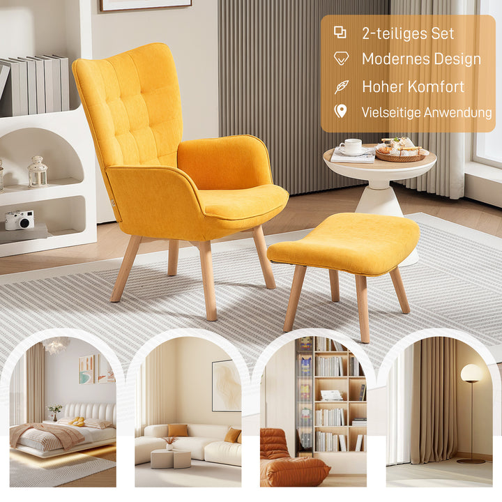 Accentstol med skammel, fløjlsbøjlelænestol, lænestol med træben, til stue, orange