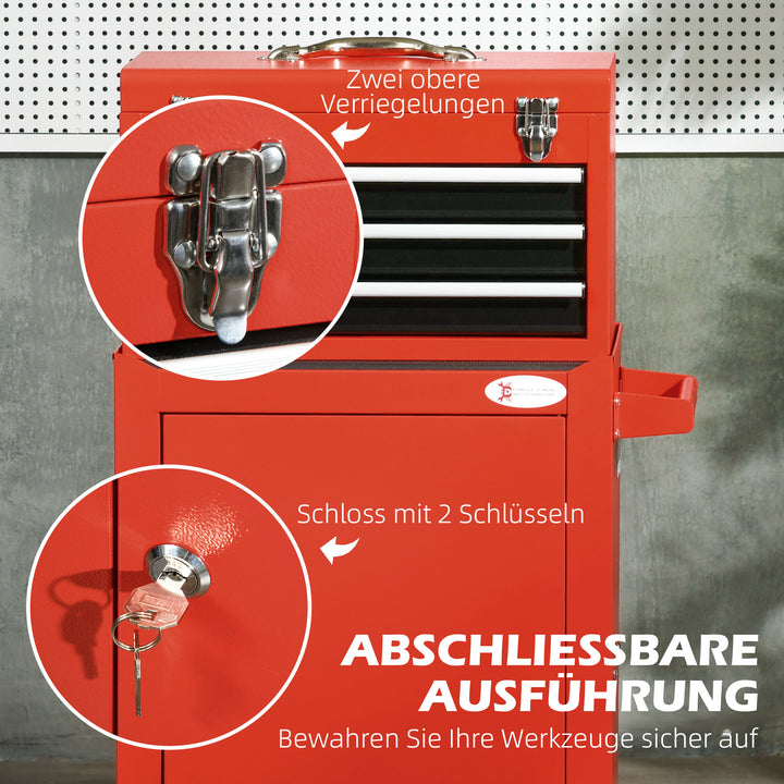 2-I-1 mobil værktøjsvogn med 3 skuffer og værktøjstavle, stålkabinet, 46l x 28b x 94h cm, rød