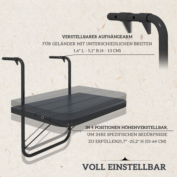Hængebord til altan, foldbart, højdejusterbart, aluminiumsstel, plastikbordplade, trælook, sort