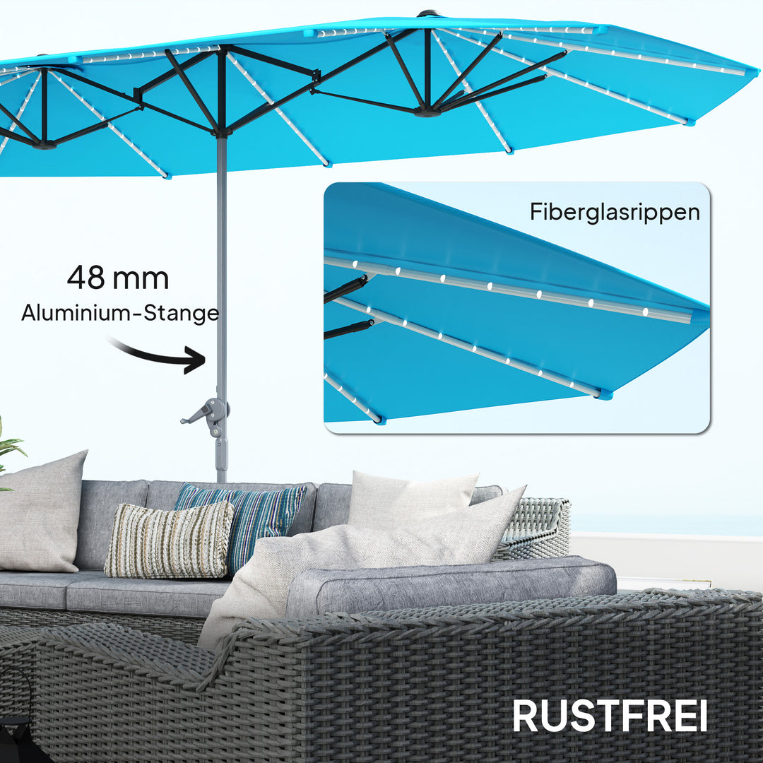 Dobbeltparasol med solcellelamper, aluminium, polyester, upf 50+ beskyttelse, uv-resistent, terrasseparasol, blå