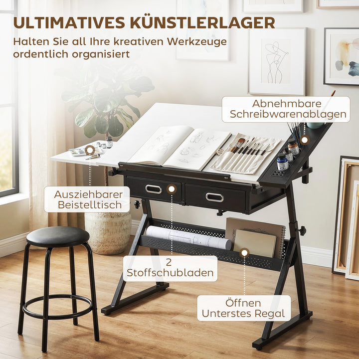 Højdejusterbart tegnebord, arbejdsbord med skammel og skuffer, hvid