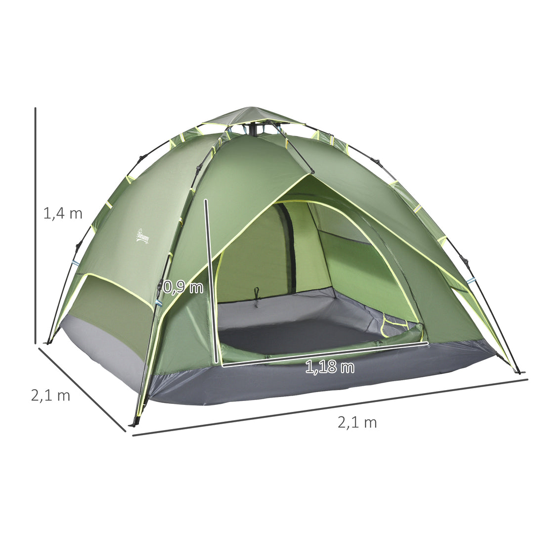 Dobbelttelt, campingtelt, udendørstelt, familietelt, hurtigopsætningstelt, 2 voksne + 1 barn, 4 sæsoner, vandtæt, bæretaske, 2 døre, polyester + glasfiber, mørkegrøn, 210 x 210 x 140 cm