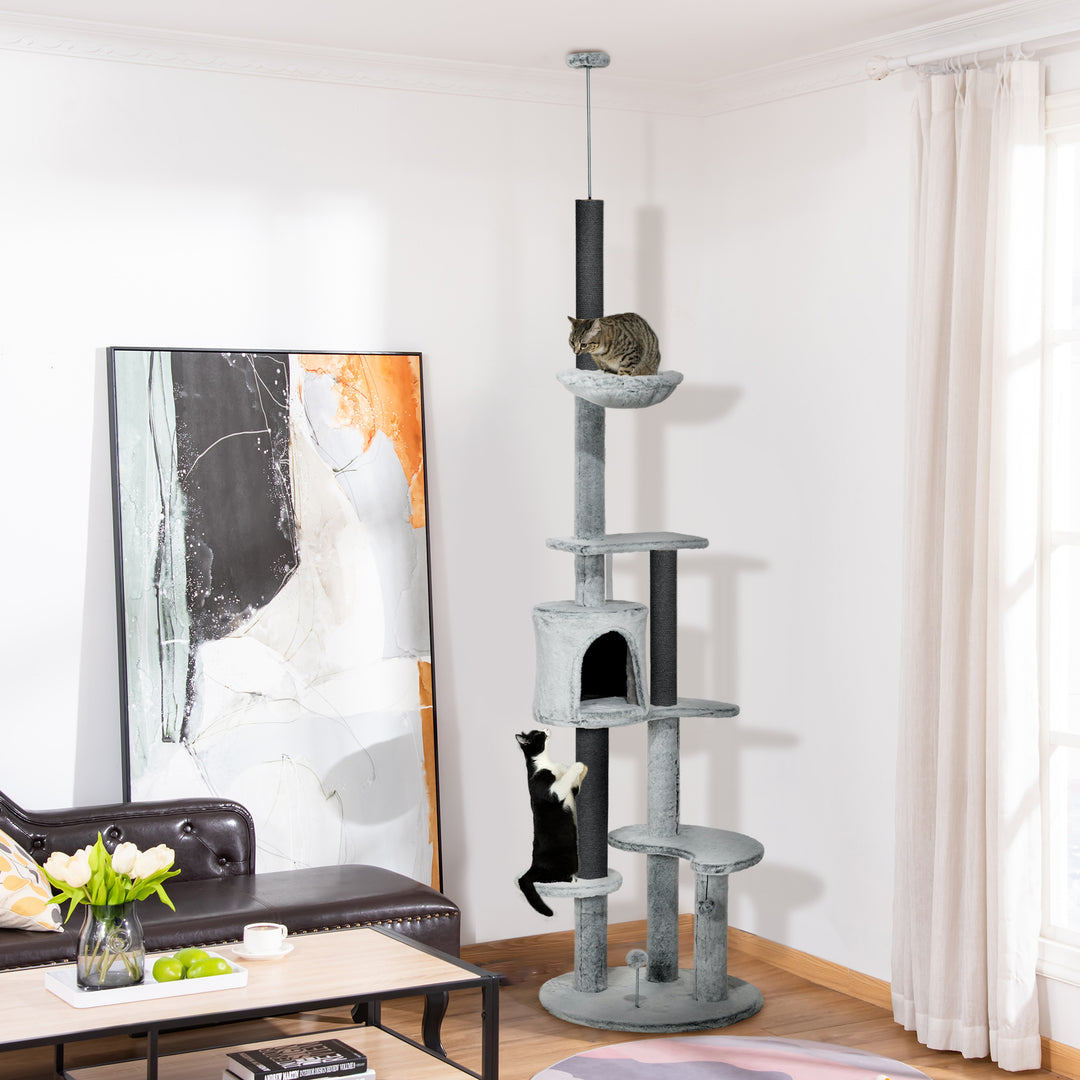 Kradsetræ med loftstrammer, hængekøje, hus, platforme, legebold, 225-255 cm, grå