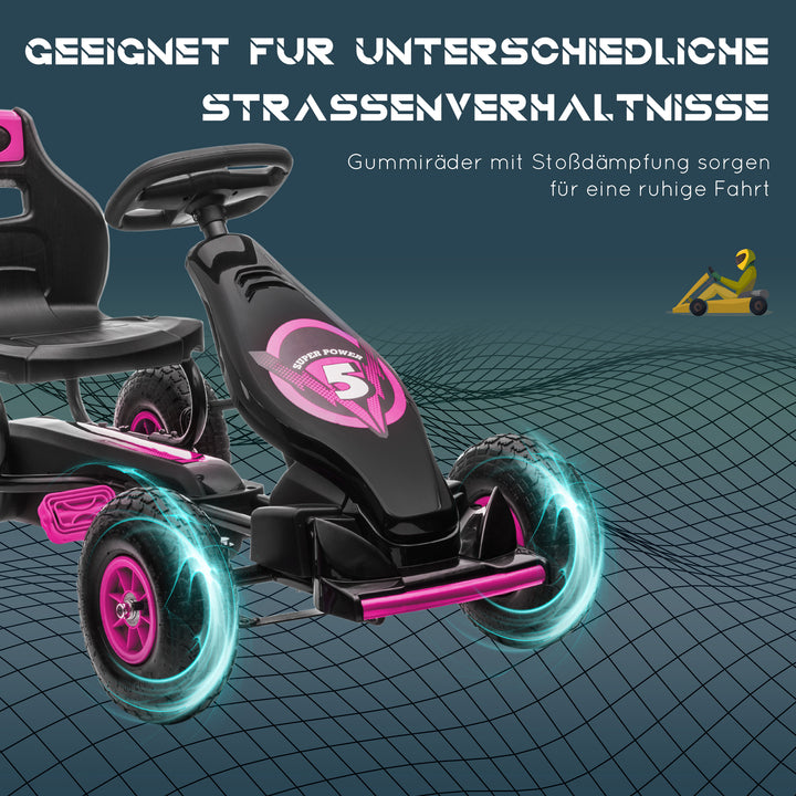 Børne-gokart, med pedaler, justerbart sæde, indendørs og udendørs brug, fra 5 år, pink+sort, 121 x 58 x 61 cm