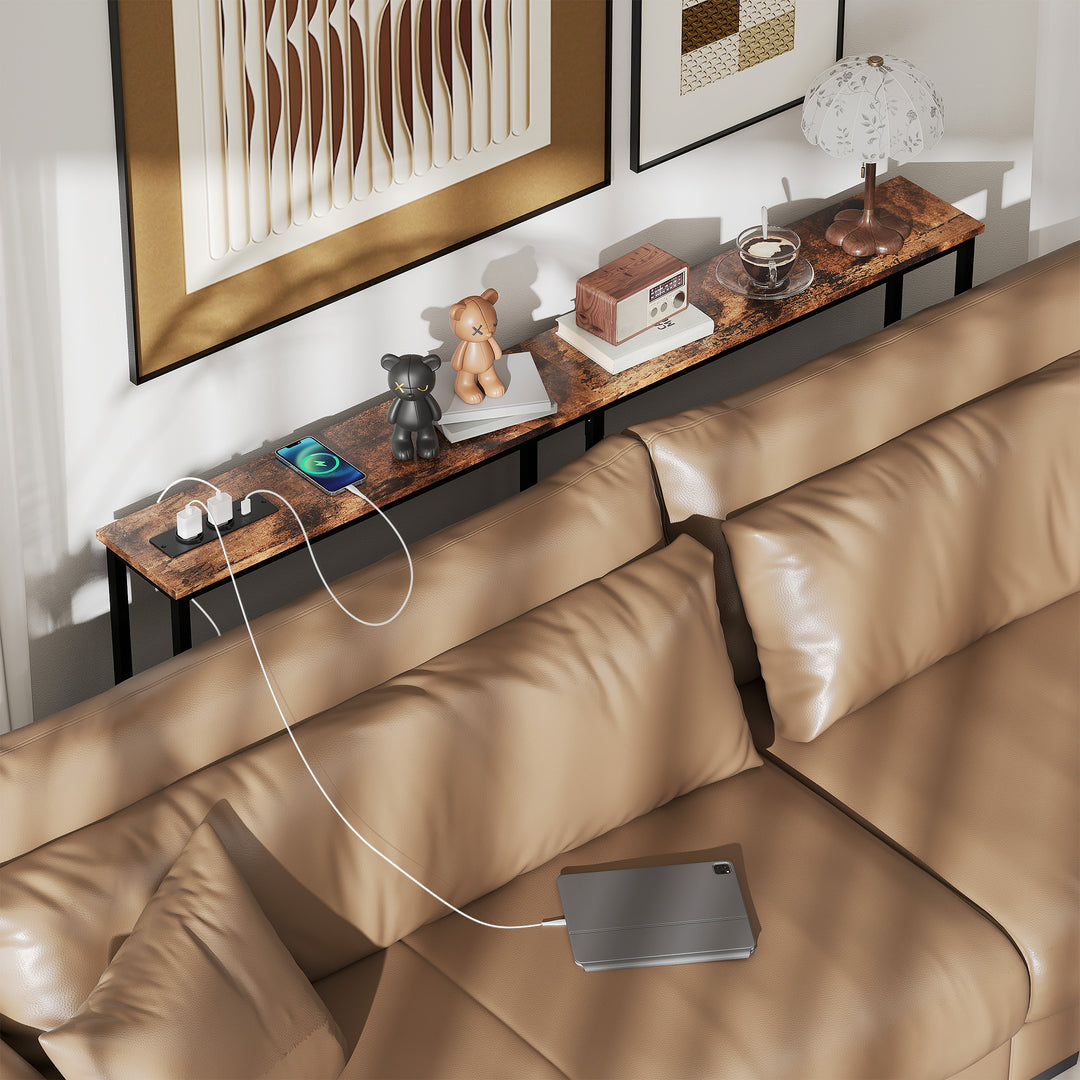 Slankt konsolbord med ladestation, industriel stil, stålstel, brun