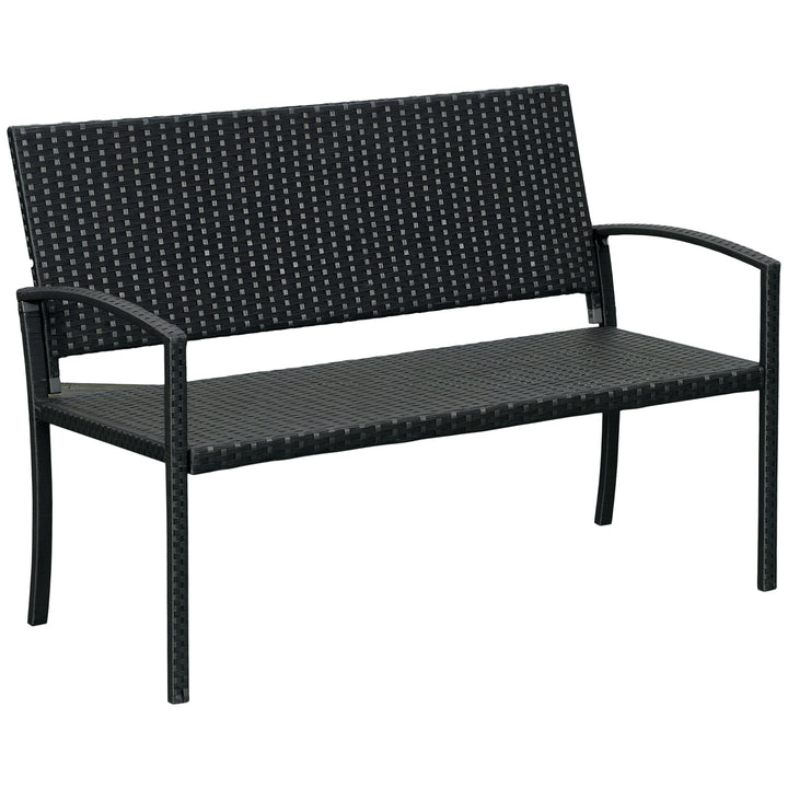 Havebænk, rattan-look, med stålstel, til 2 personer, sort, 122 x 60 x 85 cm