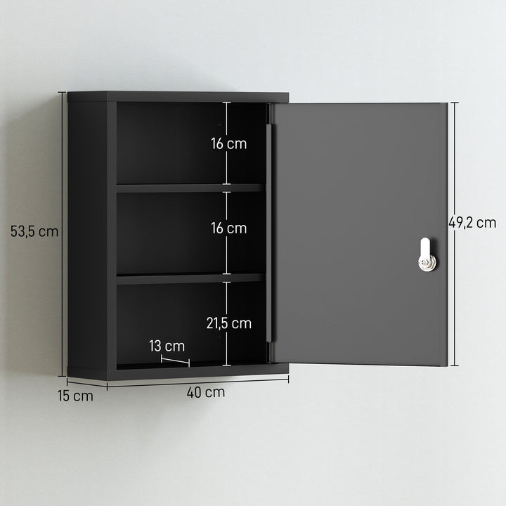 Vægmonteret medicinskab med lås, 3-etagers stålvægskab, 40 x 15 x 53,5 cm, sort