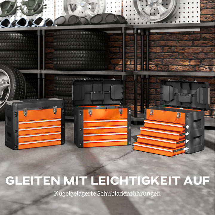 Tom værktøjskasse, 49,7 x 25,3 x 40,7 cm værktøjskasse med 4 skuffer, minikasse stål orange