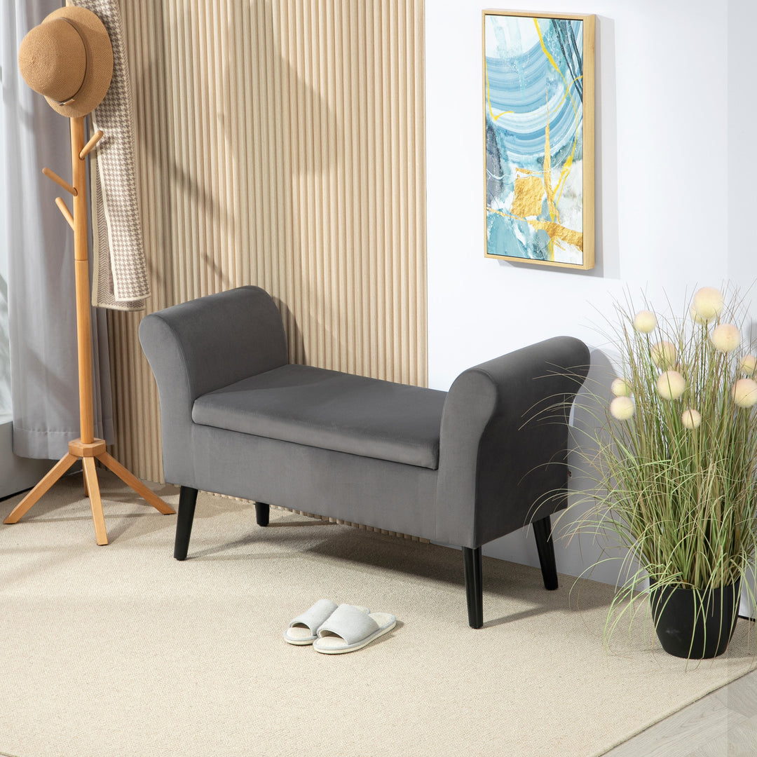 Polstret bænk med opbevaringsplads, kommodebænk med armlæn, 46 cm sædehøjde, fløjlspolyester, 111,5 x 41 x 65 cm, mørkegrå