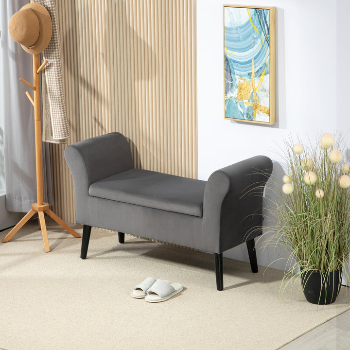Polstret bænk med opbevaringsplads, kommodebænk med armlæn, 46 cm sædehøjde, fløjlspolyester, 111,5 x 41 x 65 cm, mørkegrå