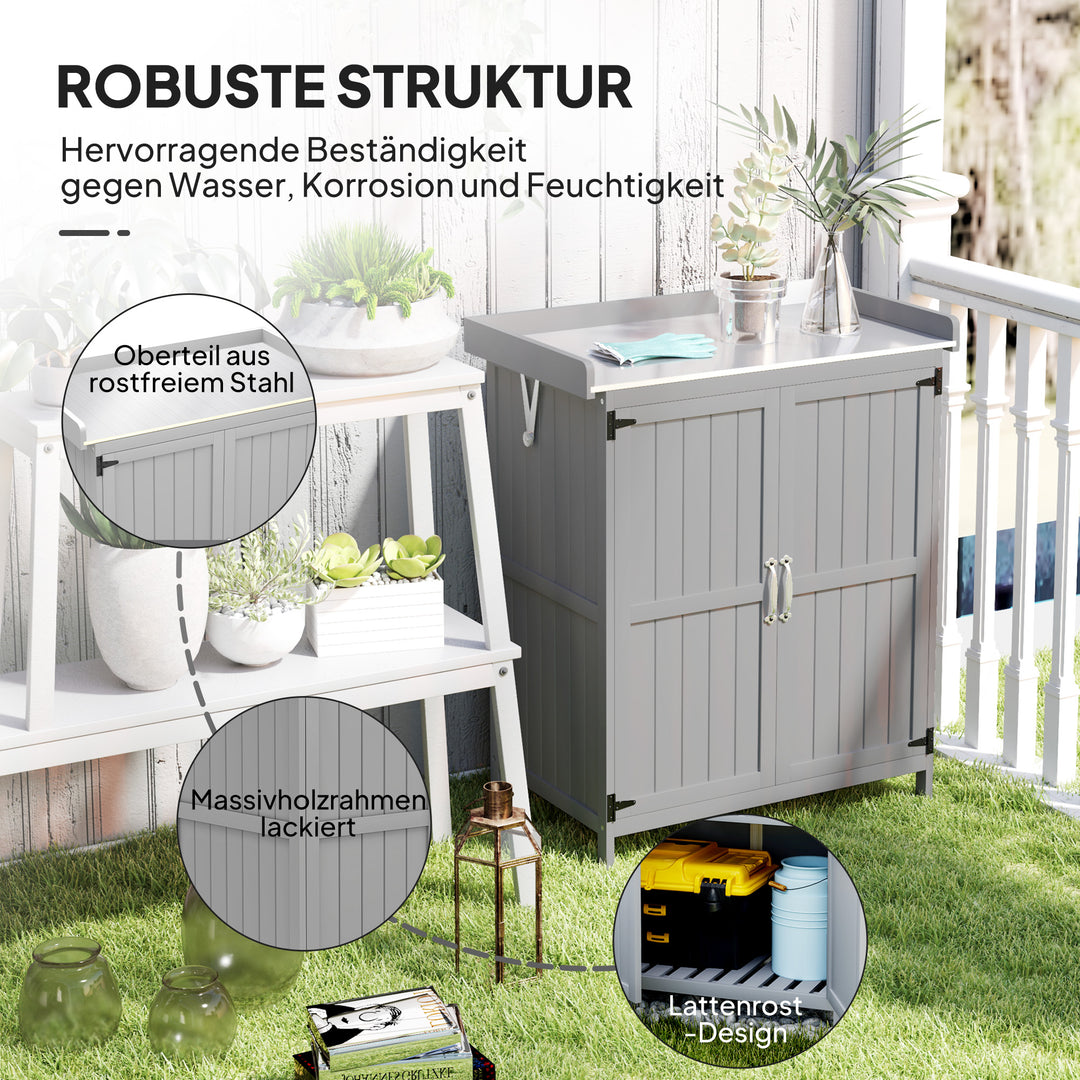 Haveskur, udendørs redskabsskur, med arbejdsflade, træ og rustfrit stål, dobbeltdøre, grå