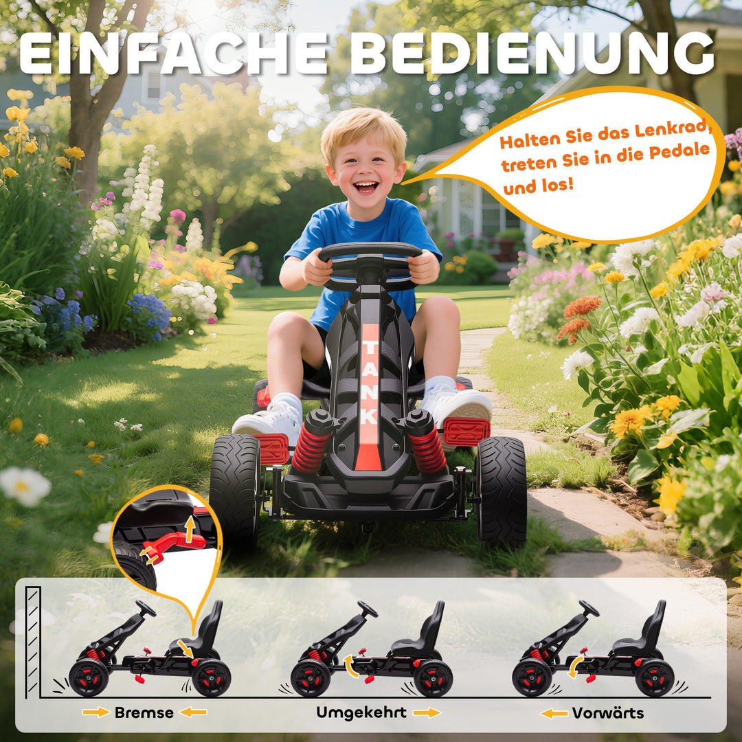 Gokart med pedaler, pedalbil til børn med bremse, skridsikre hjul, metalramme, 3-6 år, rød