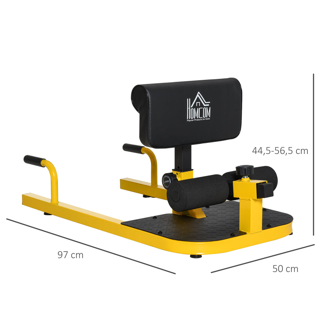 Sissy squat squat trainer bentræner mavetræner baldetræner 3 i 1 træner justerbar op til 120 kg stål gul+sort 50 x 97 x (44,5–56,5) cm