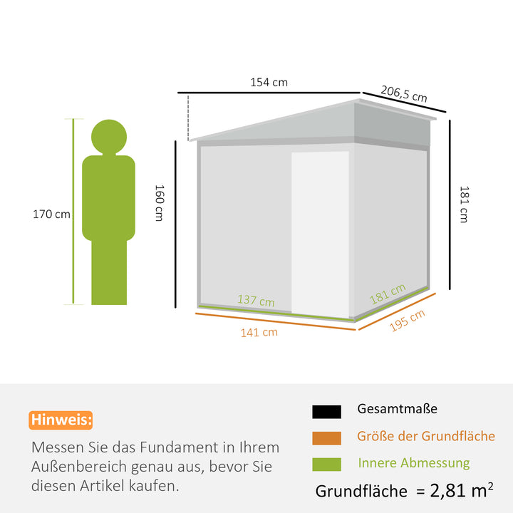 Metalredskabsskur 2,81m² 154x206,5x181 cm redskabsskur med fundament til nedhængt tag