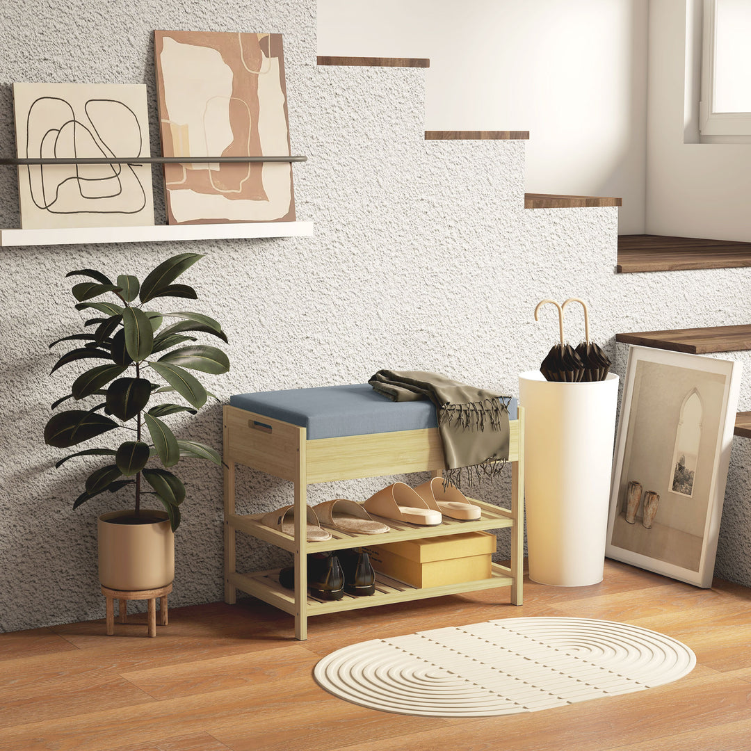 Skobænk med 2 hylder og polstret sæde, bambus, 55 x 35 x 46 cm, grå + naturfarvet