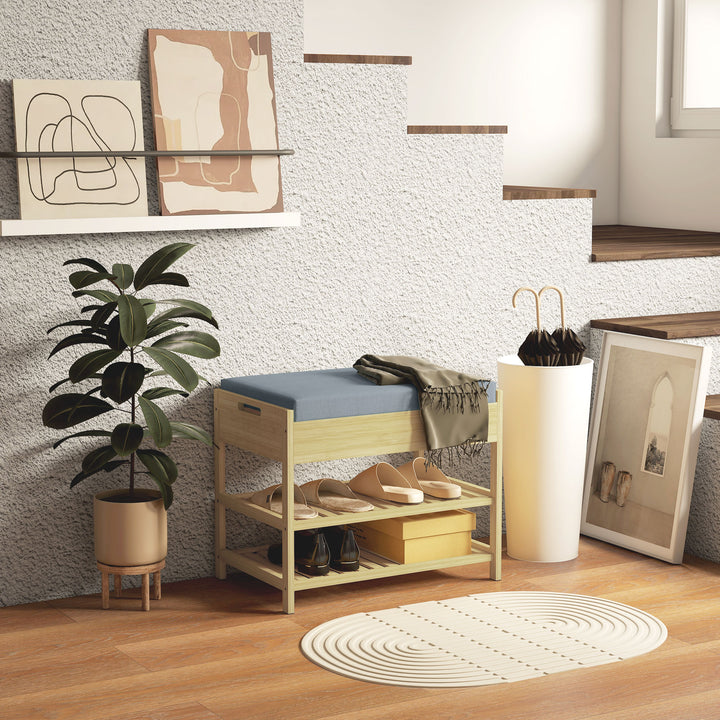 Skobænk med 2 hylder og polstret sæde, bambus, 55 x 35 x 46 cm, grå + naturfarvet