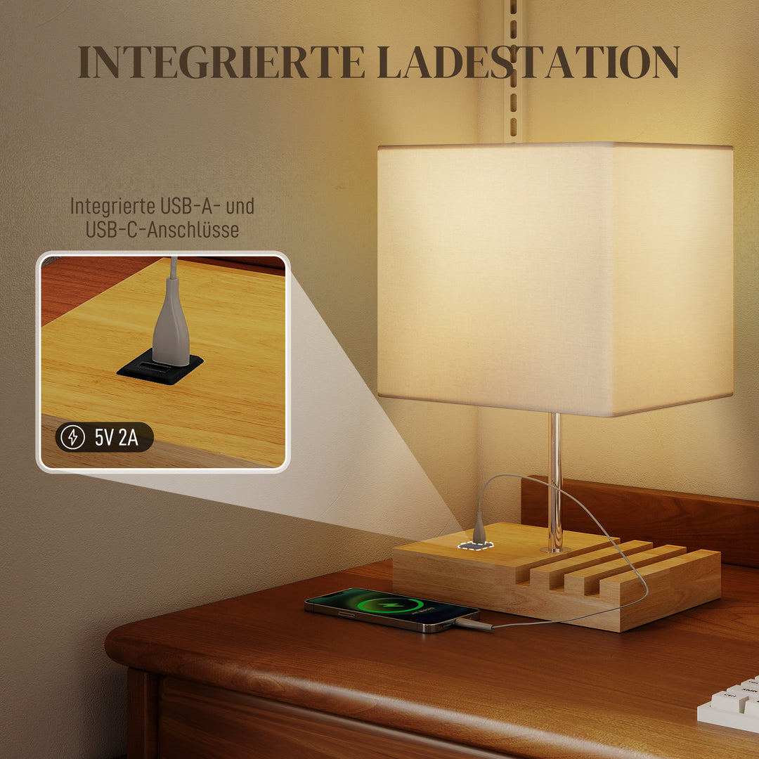 Sengelampe, USB-porte, træ, stof, vippekontakt, opbevaringsrum, hvid