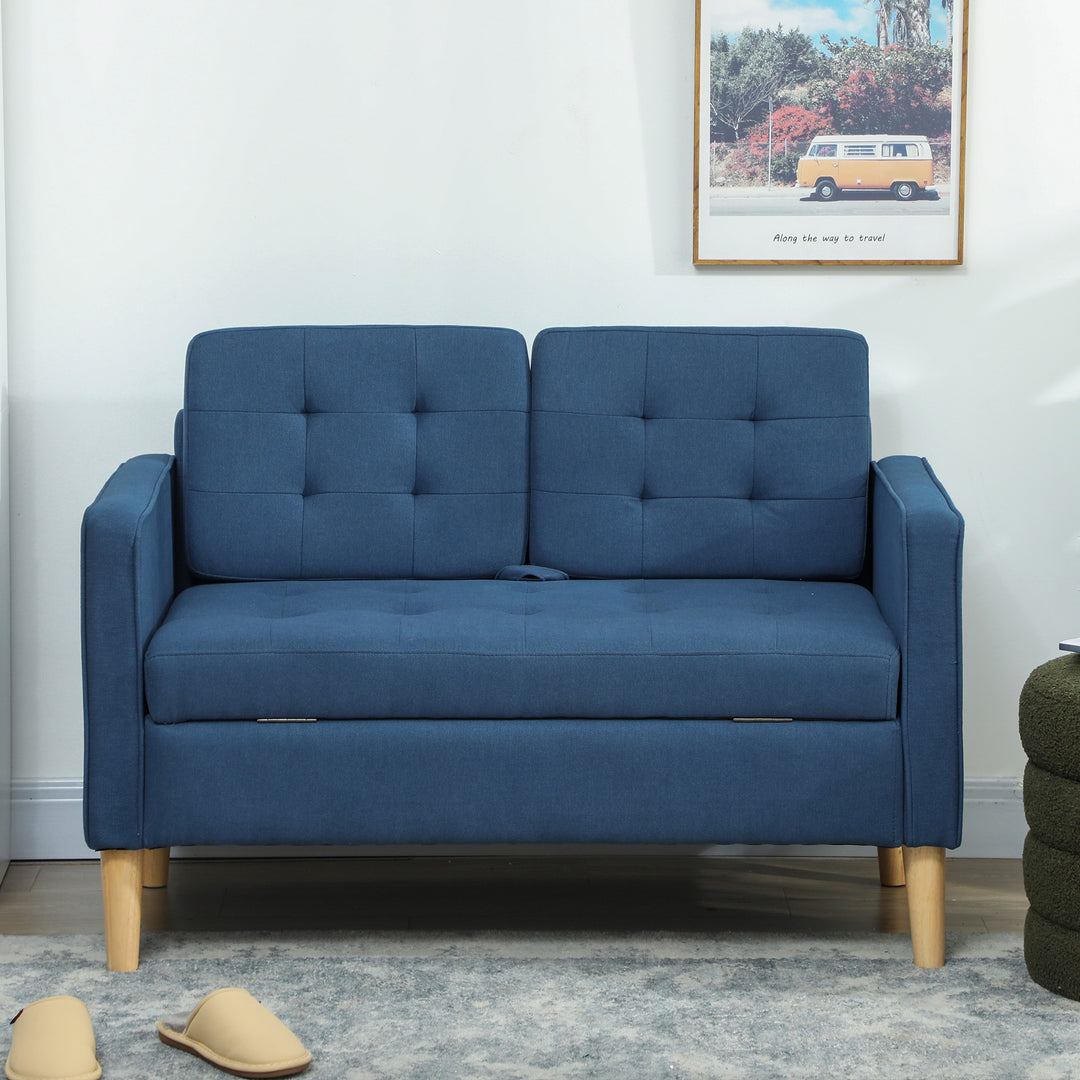 To-personers sofa med opbevaring, knapsyet kant, hynder, gummitræ, 117x62x78 cm, blå