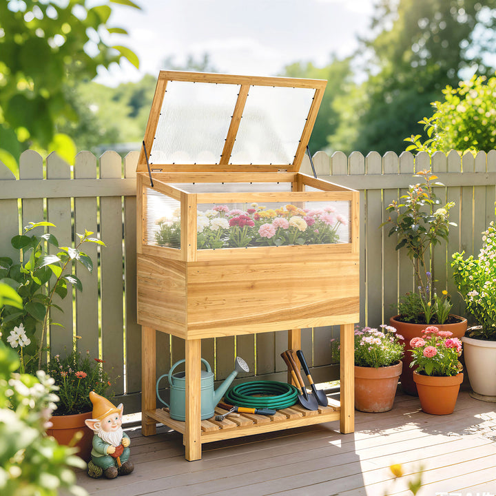 Højbed med træramme, hævet plantekasse med hængslet låg, hylde, fiberdug, ergonomisk design