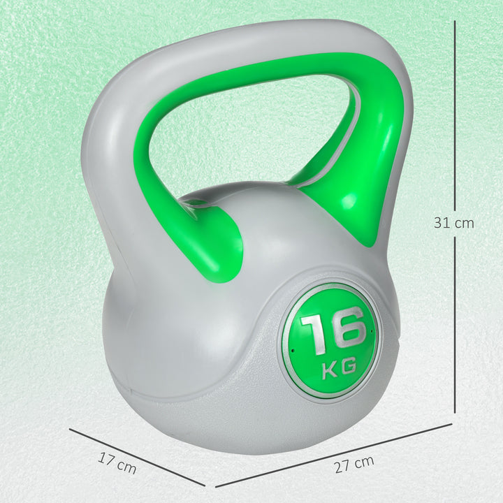 Kettlebell, 16 kg, flad bund, stort håndtag, vægtkugle, grøn, 27 x 17 x 31 cm