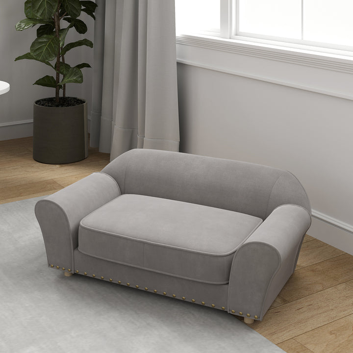 Hundesofa, hundeseng med nitter, tyk hynde, aftageligt betræk, skridsikre fodder, 86,5 x 52,5 x 33 cm, grå