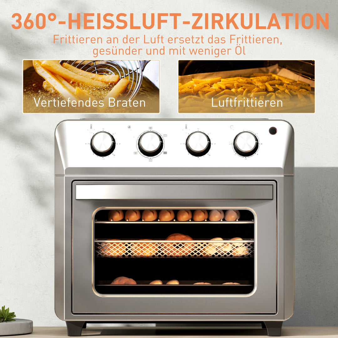 Miniovn med varmluft, airfryer, 6 varmefunktioner, timer, tilbehør, 24L, sølv