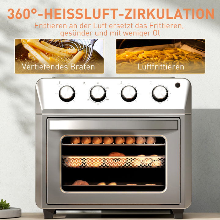 Miniovn med varmluft, airfryer, 6 varmefunktioner, timer, tilbehør, 24L, sølv