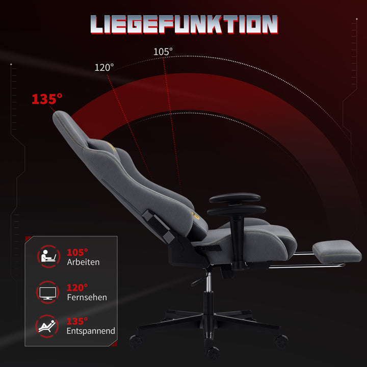 Ergonomisk gamingstol med 3D-armlæn, justerbar, rullende skrivebordsstol med lændestøtte, grå