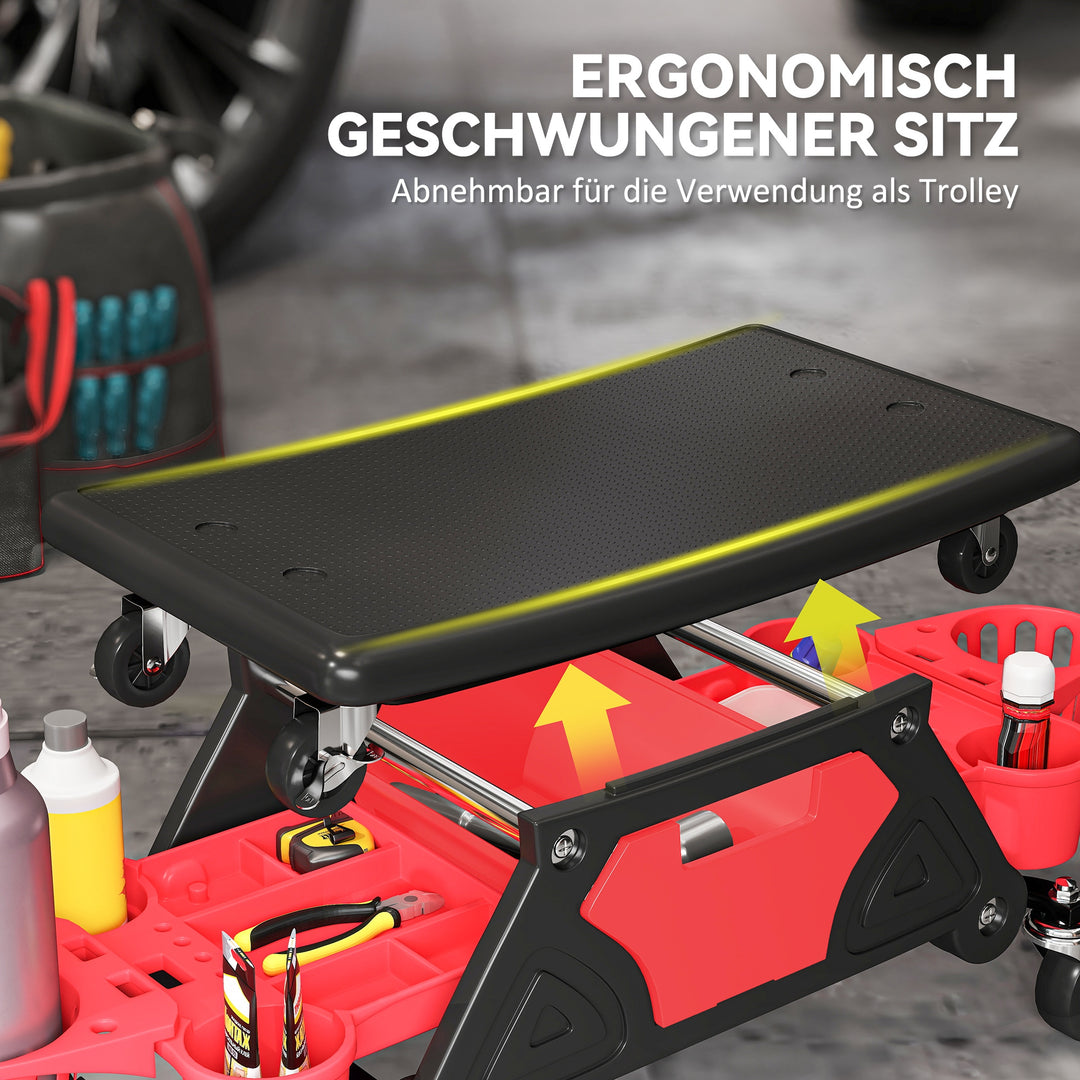 Værkstedsskammel med aftagelige hjul, sæde, opbevaringsplads, 33 cm høj, rulleskammel, lasteevne op til 135 kg, rød