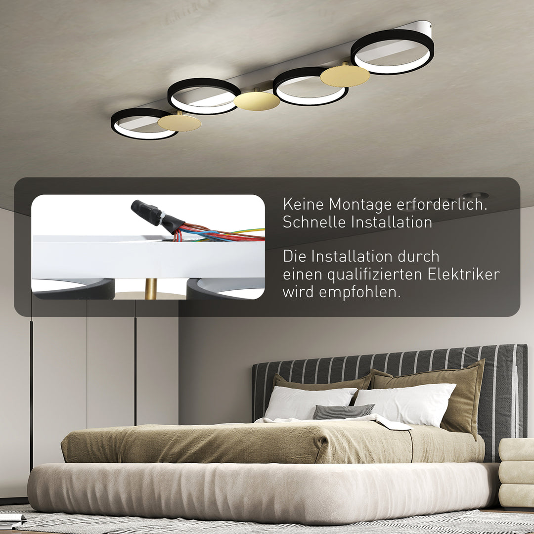 LED loftlampe 38W 1500LM 3000K-6500K, loftlampe til stue med 4 pærer, fjernbetjening, sort+guld