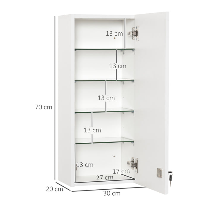 Medicinskab, medicinskab, vægskab, hængeskab med justerbar hylde, førstehjælpskors, aflåseligt, til badeværelse, køkken, entré, hvid, 30x20x70 cm