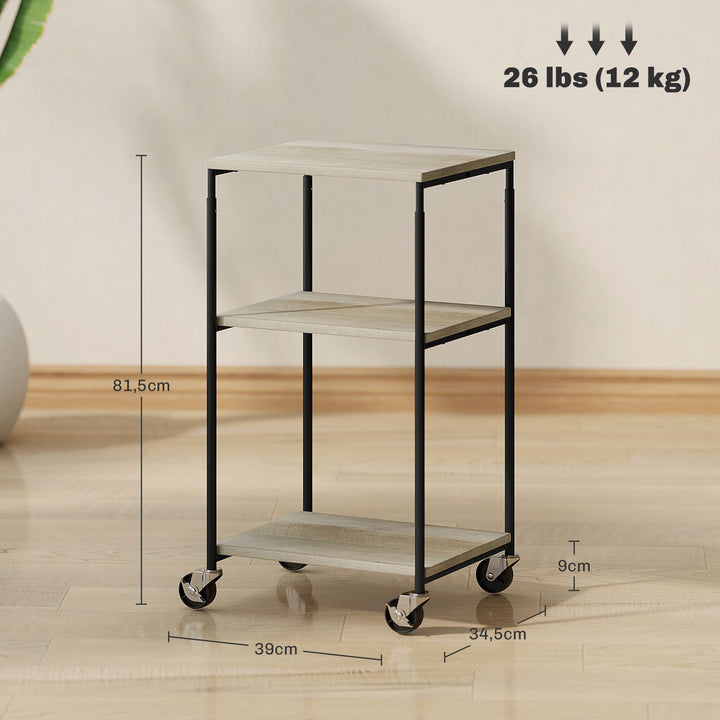 Printerstativ med 3 niveauer, højdejusterbart, mobilt printerbord på hjul, til hjemmekontor, metal og træ