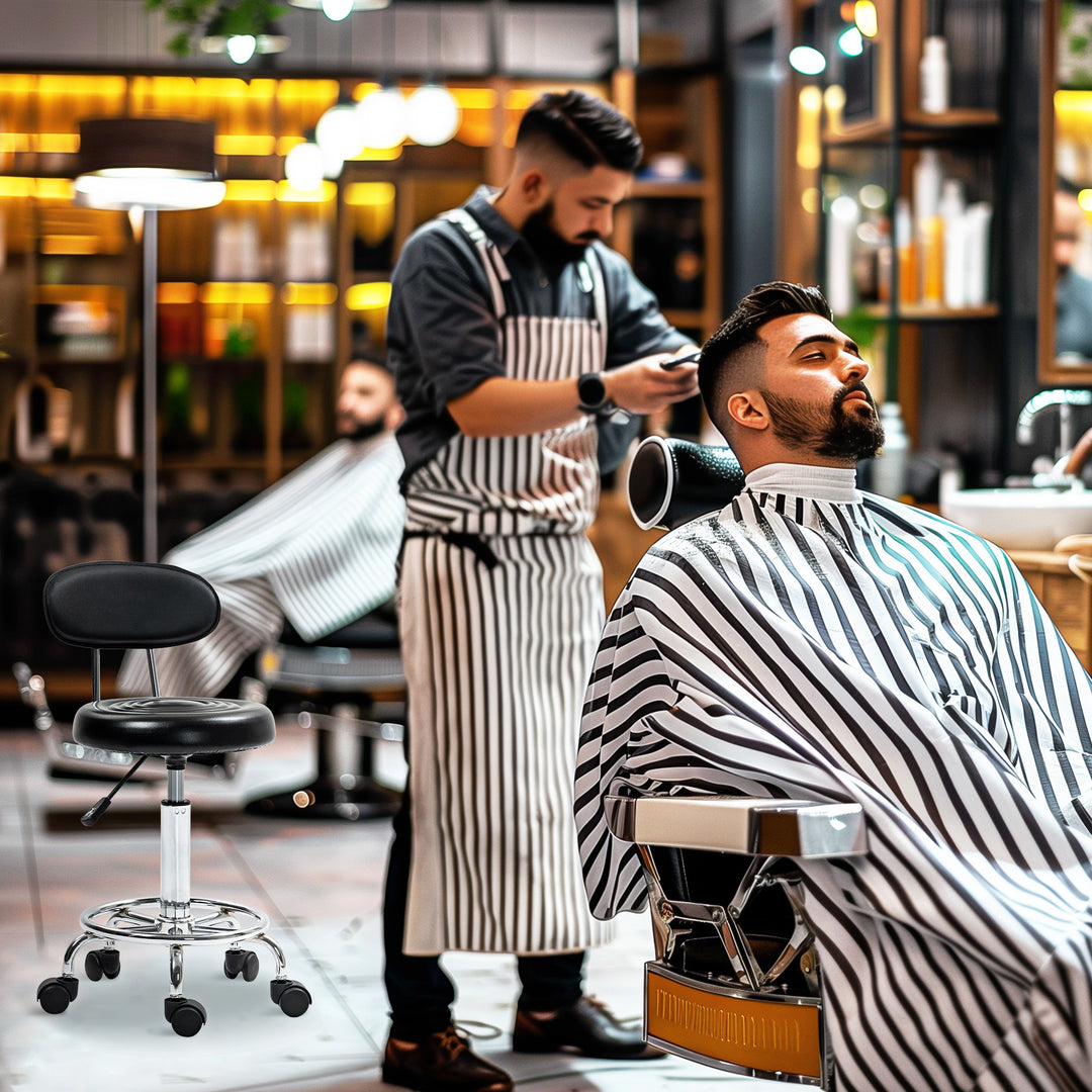 Rullende skammel, drejelig og justerbar skammel med ryglæn, betræk i kunstlæder, fodstøtte, til sminkeborde, sort