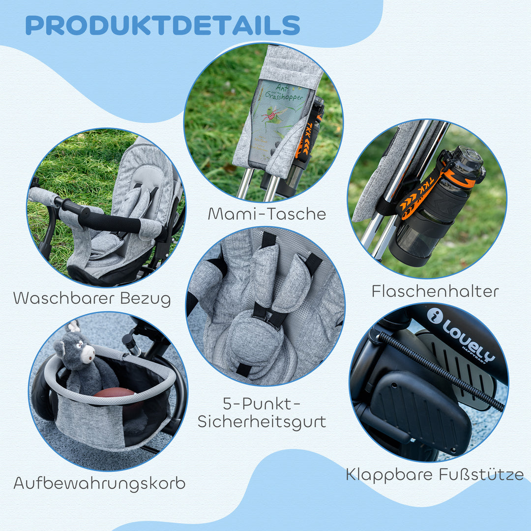 Børnetrecykel, børnecykel, bagkurv, kopholder, solskærm, metal, grå