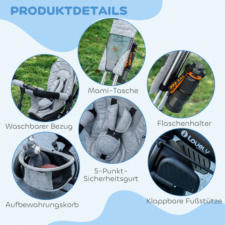 Børnetrecykel, børnecykel, bagkurv, kopholder, solskærm, metal, grå