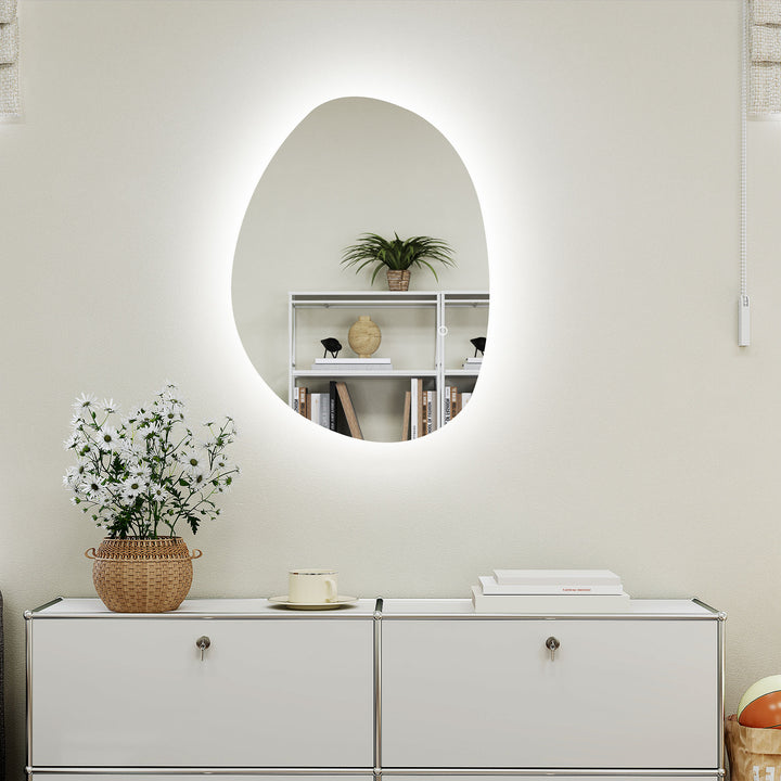 70 x 50 cm asymmetrisk badeværelsesspejl med LED-lys, smart touch-afbryder, antidugfunktion, sølv