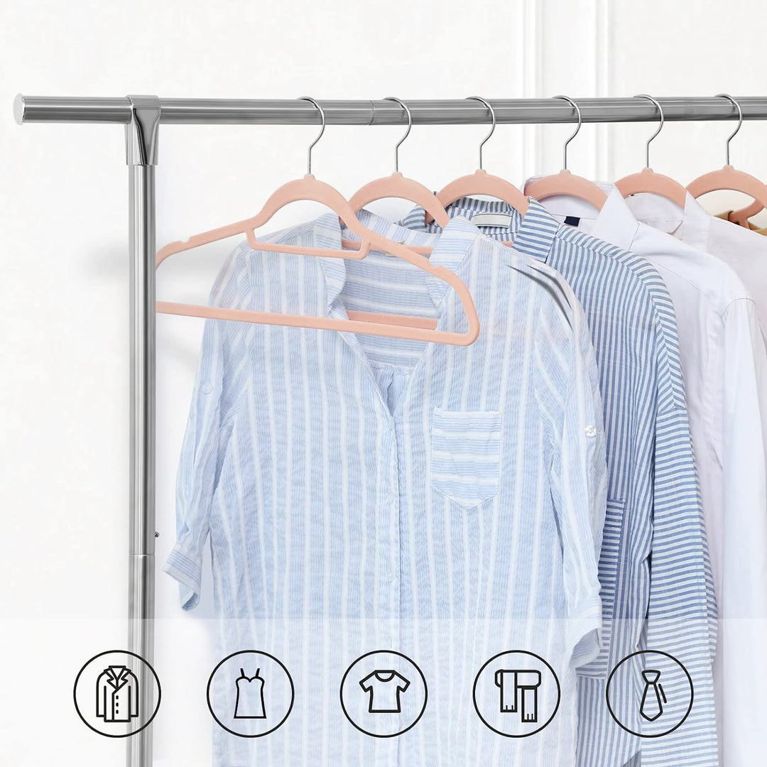 Fløjl, 50-pak, Skridsikre bøjler, 0,6 cm tykkelse, Pladsbesparende, 360° drejelige kroge, 43,5 cm lange, Lyserød