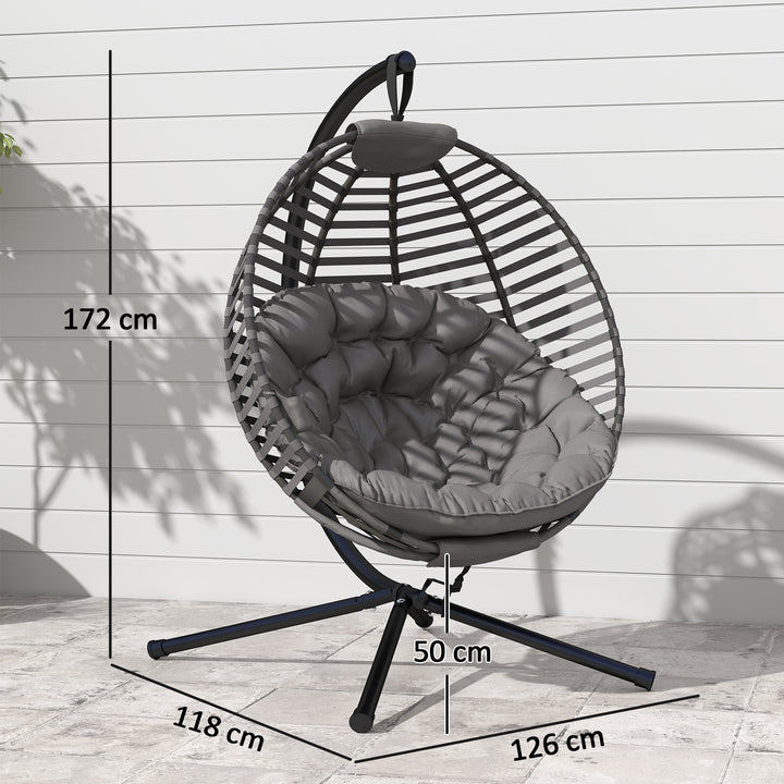 Hængestol med ramme, ægformet hængegynge med bløde sædehynder, grå