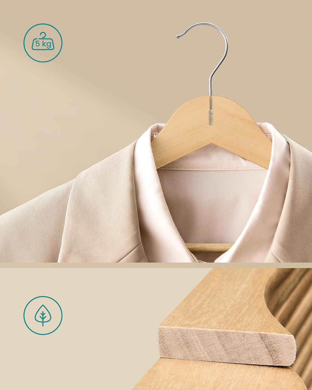 Træbøjler, sæt med 30 stk., slanke bøjler i birketræ med nitter ved skuldrene, buksestropper og 360° roterende krog, naturfarvet