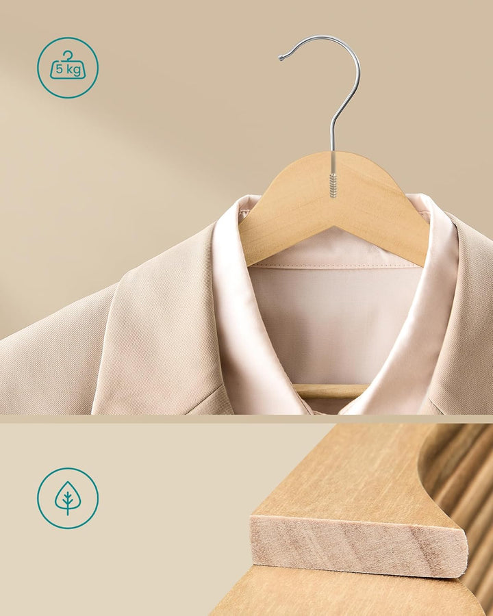 Træbøjler, sæt med 30 stk., slanke bøjler i birketræ med nitter ved skuldrene, buksestropper og 360° roterende krog, naturfarvet