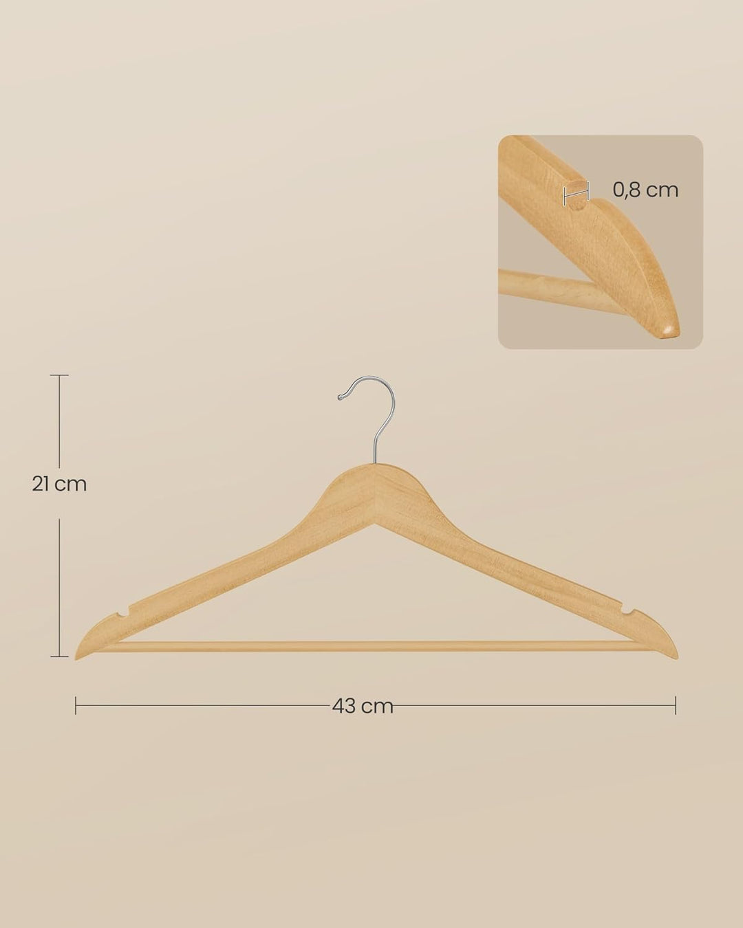 Træbøjler, sæt med 30 stk., slanke bøjler i birketræ med nitter ved skuldrene, buksestropper og 360° roterende krog, naturfarvet