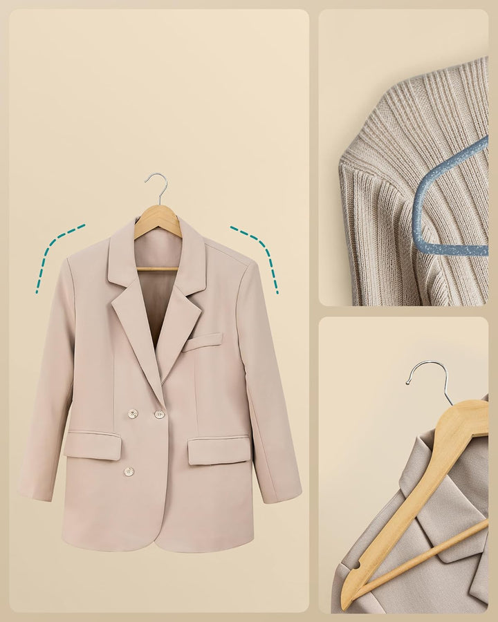 Træbøjler, sæt med 30 stk., slanke bøjler i birketræ med nitter ved skuldrene, buksestropper og 360° roterende krog, naturfarvet