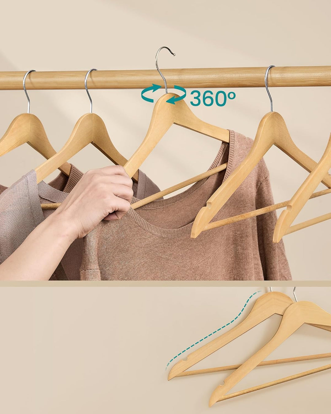 Træbøjler, sæt med 30 stk., slanke bøjler i birketræ med nitter ved skuldrene, buksestropper og 360° roterende krog, naturfarvet