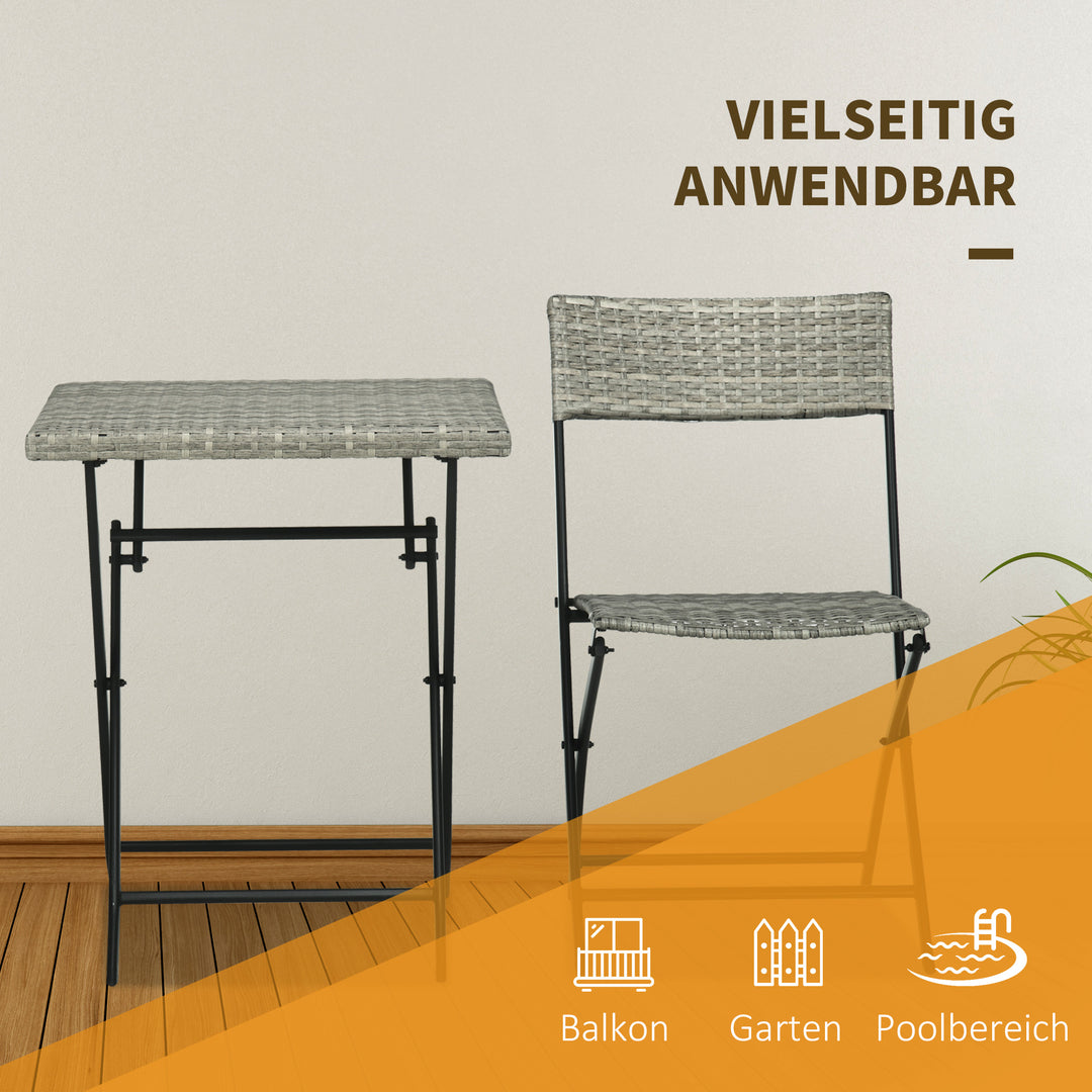 3-Delt havemøbelsæt, 2 klapstole, 1 klapbord, rattan-look, metalstel, lysegrå