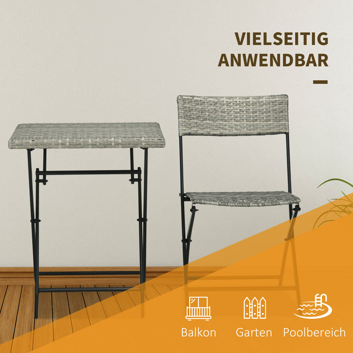 3-Delt havemøbelsæt, 2 klapstole, 1 klapbord, rattan-look, metalstel, lysegrå