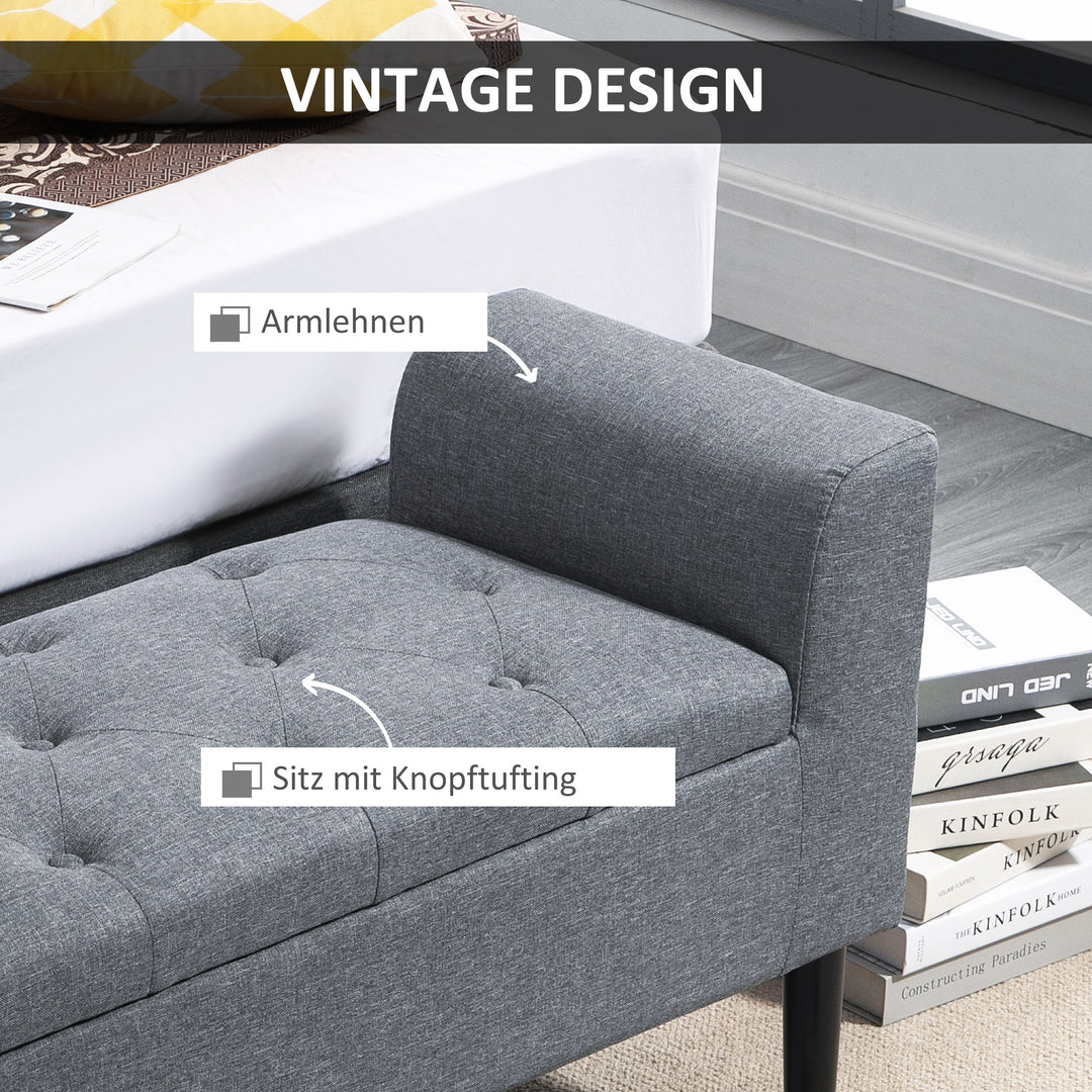 Opbevaringsbænk, polstret bænk, belastningskapacitet op til 130 kg, hørlook, gummitræ, 116 x 44 x 58 cm, lysegrå